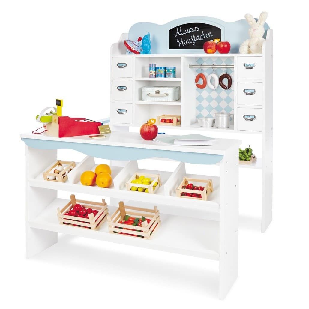 Play Shop Alma, a retro styled wooden Play Shop in white, featuring beautiful curved detailing, 6 drawers with beautiful metal shell handles