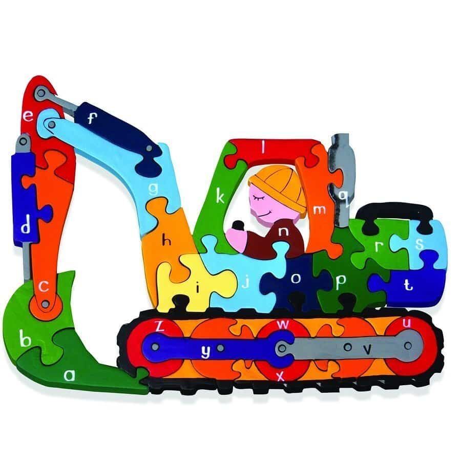 Alphabet Digger Jigsaw, a wonderful construction themed colourful wooden jigsaw, that is a great fun way to familiarize your child with their alphabet.