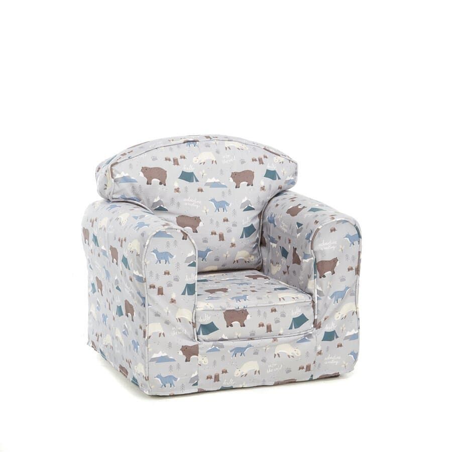 Our Kids Armchair Into The Wild is comfortable, practical and stylish, featuring a Forest Animal theme on a grey background, can be used as a reading chair, a chair for watching TV or just chilling!