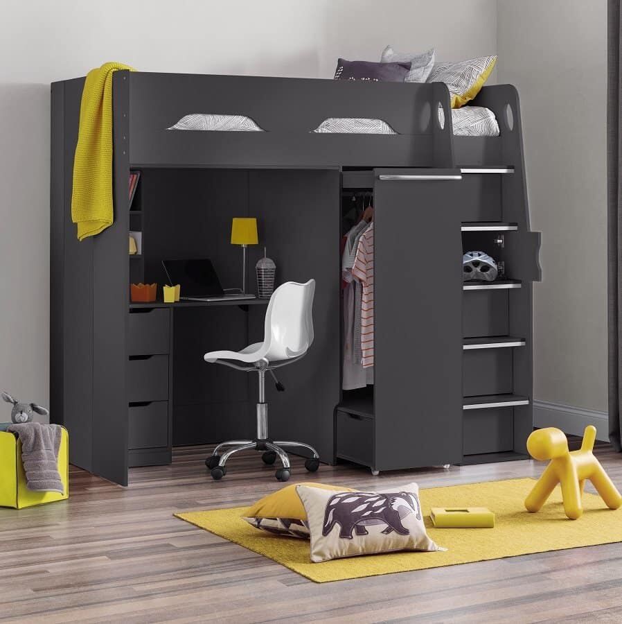 Pegasus High Sleeper in a contemporary Anthracite makes the most of limited space combining a full sized Single Bed, Desk and Built In Wardrobe all on the footprint of a single bed, ideal for for kids and teenagers.