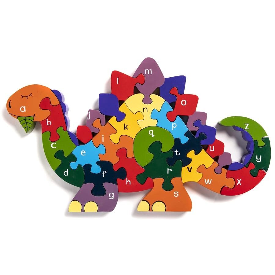 Alphabet Jigsaw Dinosaur featuring friendly vegetarian Dino, munching calmly on a leaf, is designed to help small children to learn the alphabet.