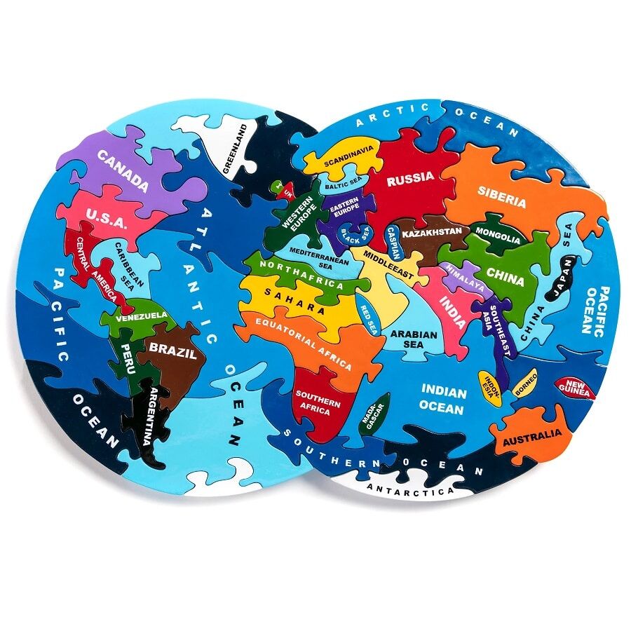 Alphabet Jigsaw Map of the World wooden jigsaw with chunky interlocking pieces representing a separate country or continent, ocean or sea.