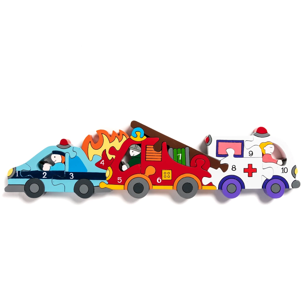 Alphabet Jigsaw Numbers Emergency Vehicles helping your child count 1 - 10, featuring, Fire Engine, Police Car, Ambulance all rushing to the scene to help.