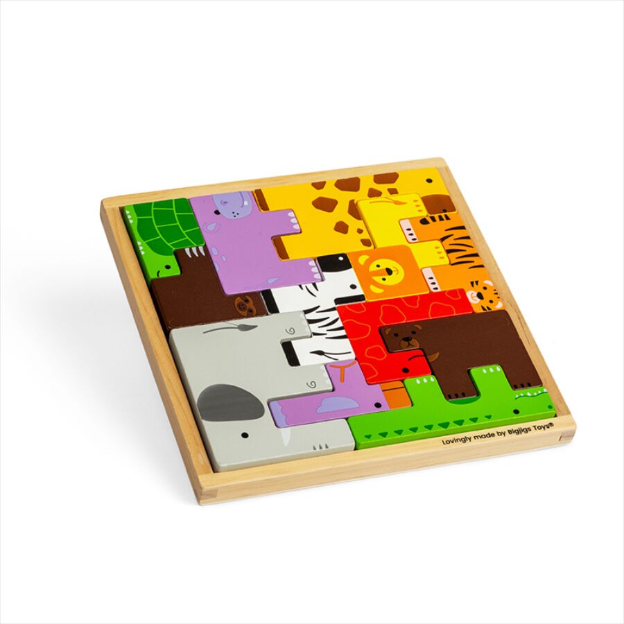 Bigjigs Toys Animal Lock A Block is a versatile wooden block puzzle, helping to develop tots’ coordination, shape, and colour recognition