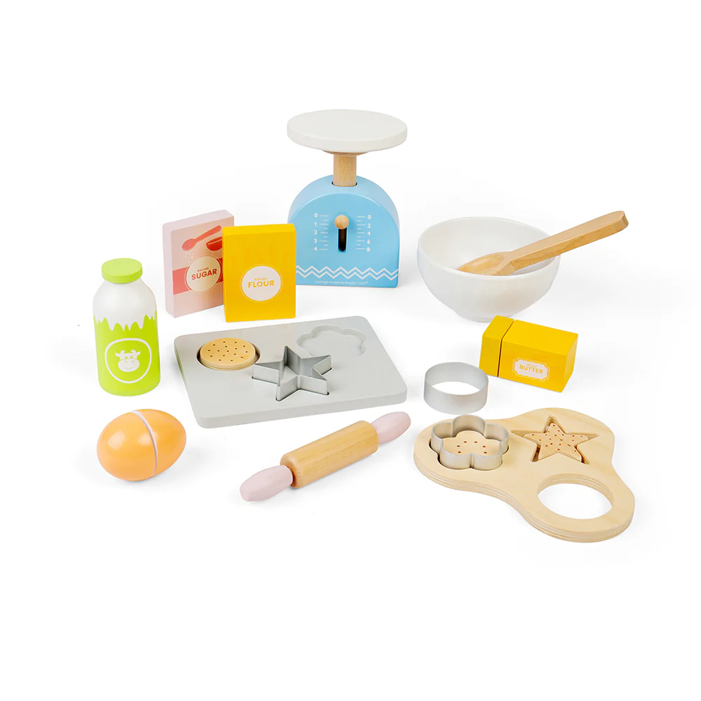 Bigjigs Baking Cookies Baking kit comes complete with a wooden baking tray, kitchen scales, pastry cutters, a rolling pin, mixing bowl, sliceable butter, an egg, flour, sugar and milk.