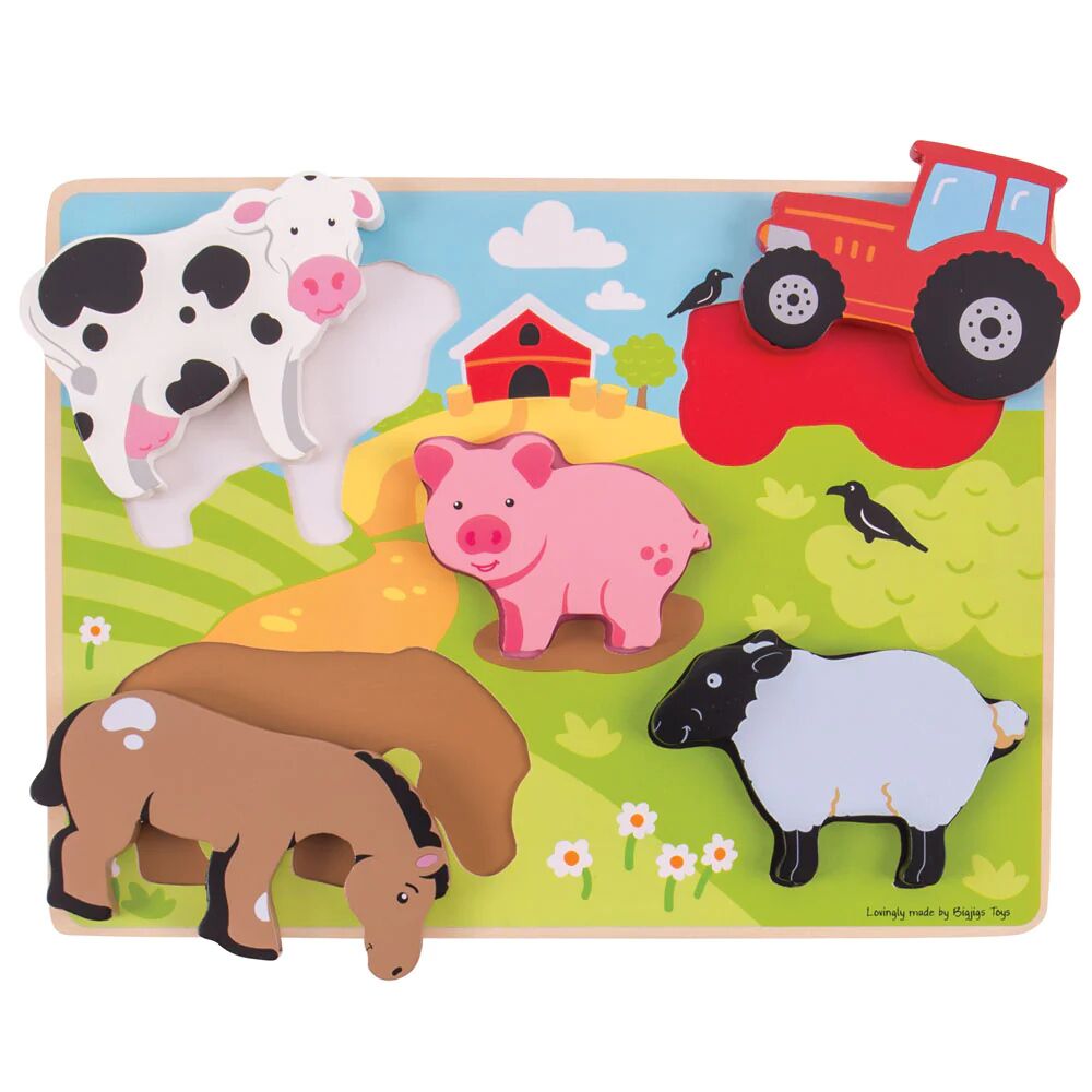 Bigjigs Chunky Lift Out Farm Puzzle, featuring a cheery farmyard scene with a lift-out cow, pig, sheep, horse and tractor.