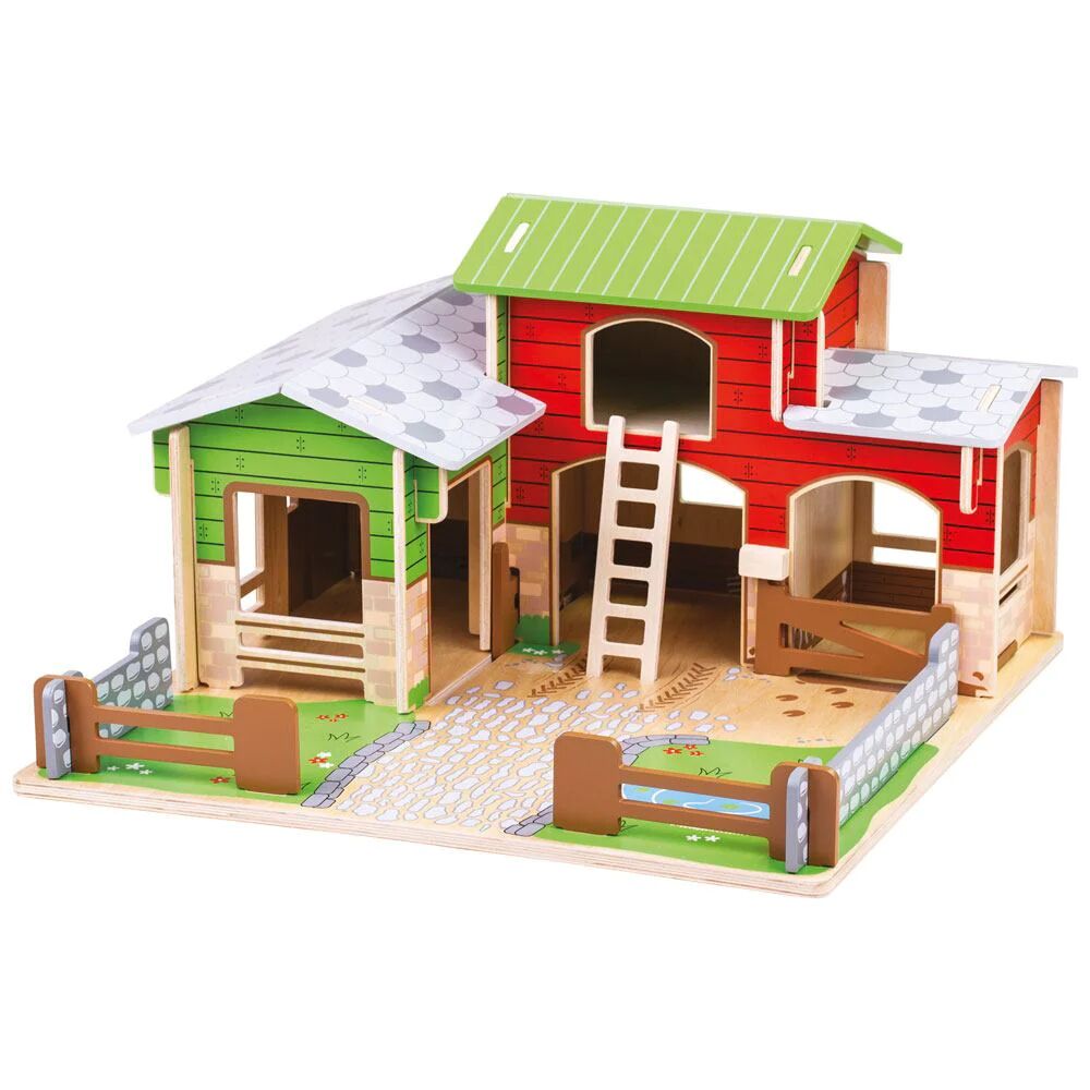 Bigjigs Cobblestone Farm is a bright and colourful, wooden toy farm, that comes complete with a wooden baseboard, working gates, a stable, hayloft, a duck pond and space to park a tractor.
