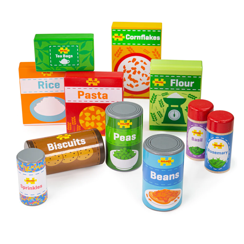 Bigjigs Cupboard Groceries are a colourful selection of wooden grocery items would be great for stocking the Bigjigs Toys Village Shop