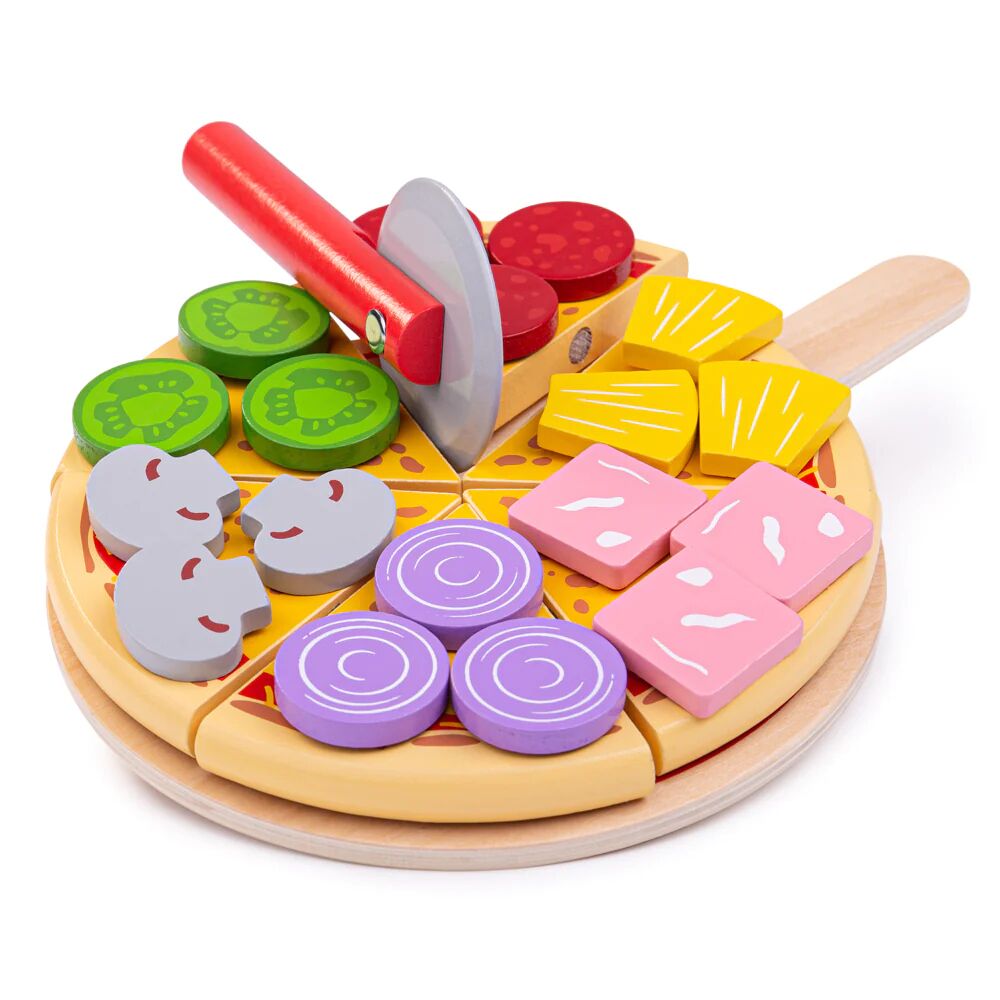Bigjigs Cutting Pizza features a range of toppings so it can be perfectly tailored to suit all tastes! Includes vegetable, cheese and meat pieces to attach to each slice.