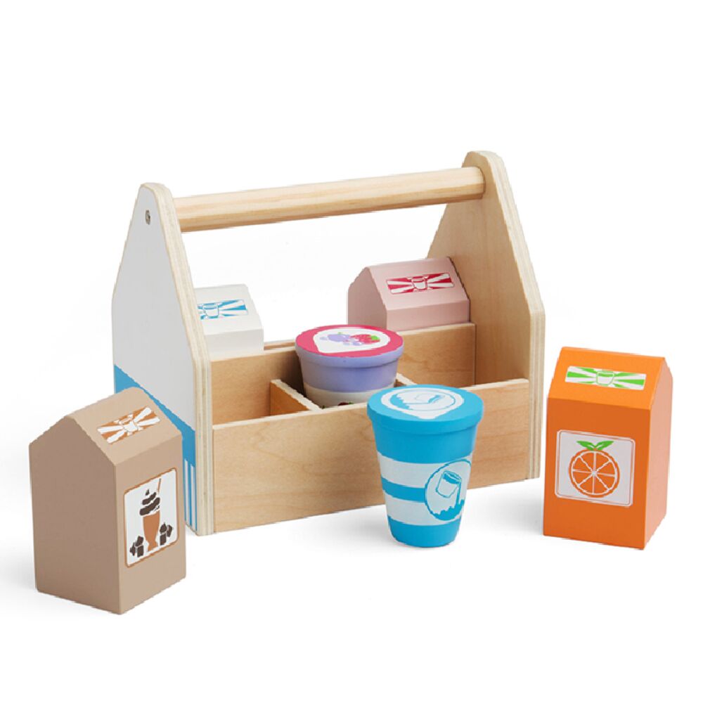 Bigjigs Dairy Delivery is a wooden toy play set with four cartons (milk, orange juice, strawberry milkshake and chocolate milkshake) plus a pot of yoghurt and a pot of cream all in a sturdy wooden crate with carry handle.