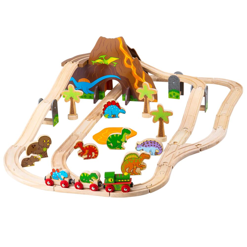 Bigjigs Dino Train Set is a 49 piece wooden train set including high-quality wooden train tracks, a dinosaur railway engine and two carriages, volcano tunnels, a group of wooden dinosaurs and trees.