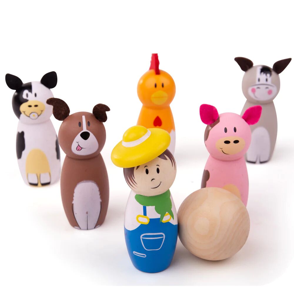 Bigjigs Farm Skittles are a set of colourful wooden skittles including a farmer, a pig, a chicken, a cow, a donkey and a dog, that can be toppled over, straightened up and then knocked over again!
