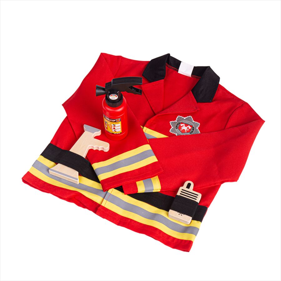 Bigjigs Firefighter Dress Up, is a colourful kids costume, that comes with a bright red Firefighting jacket with striped sleeves and a badge, a wooden fire extinguisher, walkie talkie radio, megaphone and whistle.