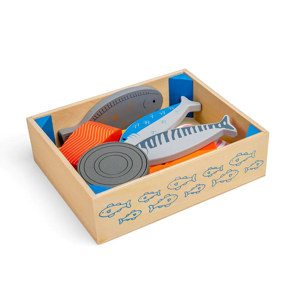 Bigjigs Seafood Crate includes a selection of fish such as salmon, tinned tuna, prawn and more, Fresh from the Fishmongers !