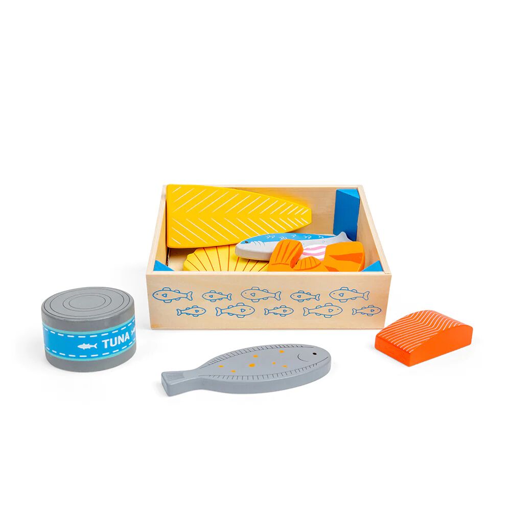 Bigjigs Seafood Crate includes a selection of fish such as salmon, tinned tuna, prawn and more, Fresh from the Fishmongers !