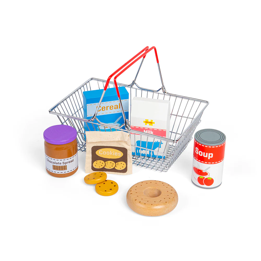 Bigjigs Grocery Basket Including Food is a realistic metal toy shopping basket with wooden groceries, perfectly sized for little hands