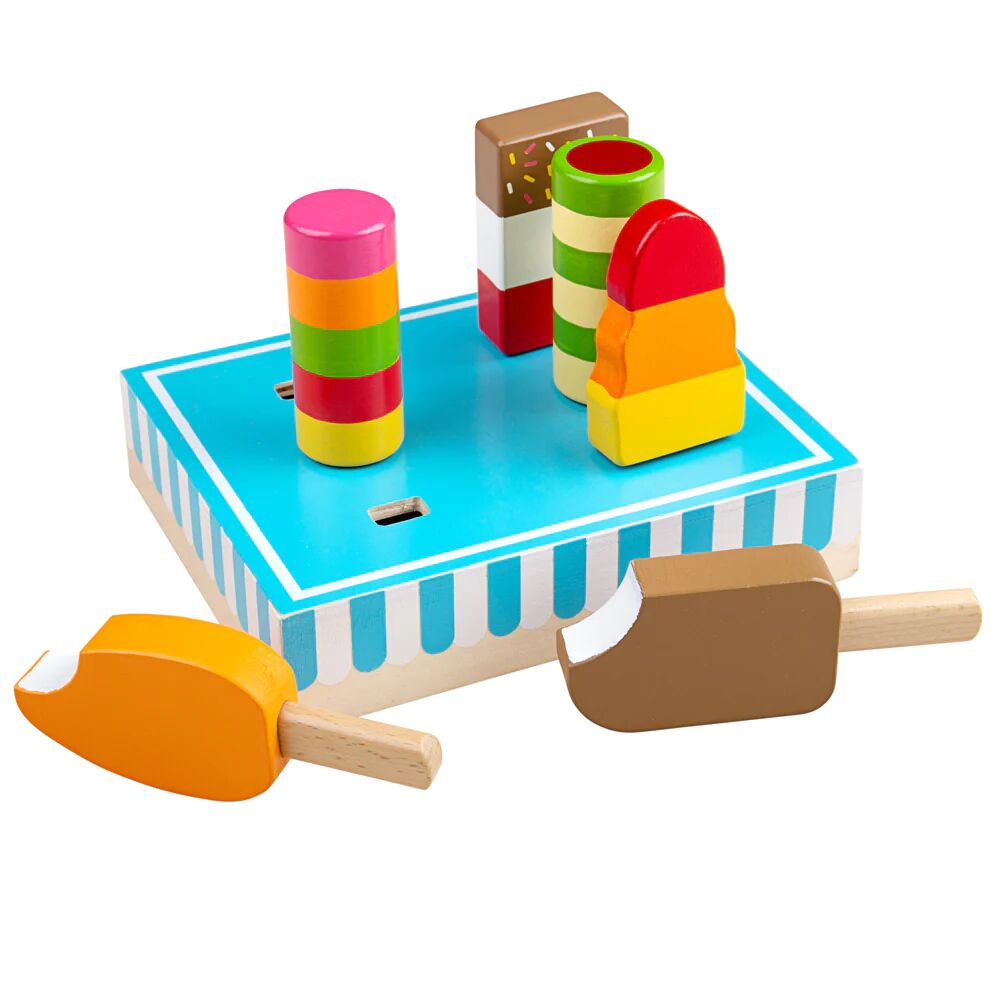 Bigjigs Ice Lollies play set includes 6 different types of colourful wooden lollies perfect for storing in your pretend freezer or selling in your shop. Supplied in a wooden stand, perfect for displaying in your Village Shop.