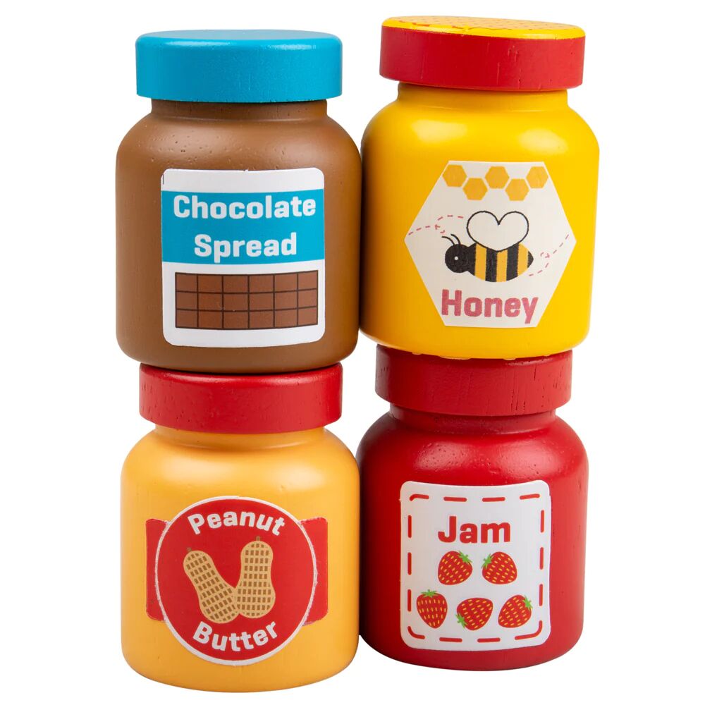 Bigjigs Jars & Spreads, a realistic looking wooden play food set which includes Chocolate Spread, Honey, Peanut Butter and Jam.