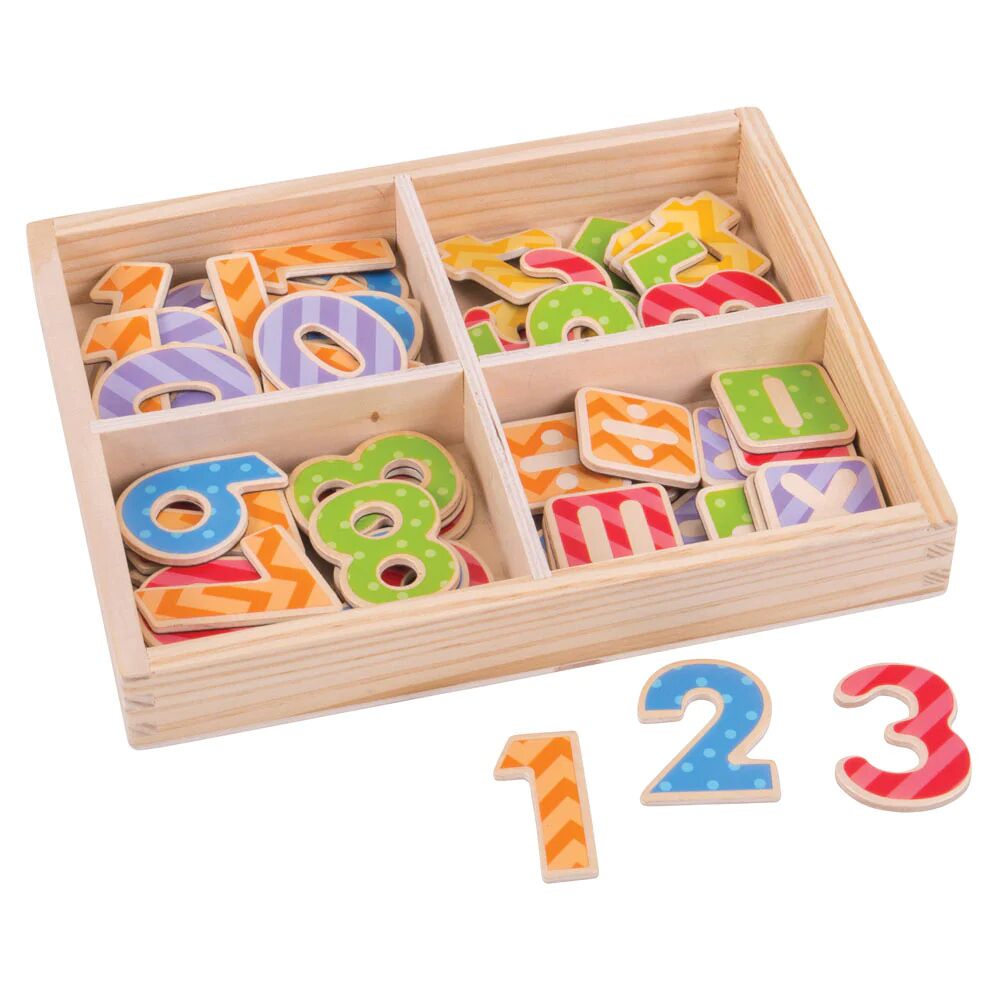 Bigjigs Magnetic Numbers are brightly coloured wooden numbers are crafted from wood and have magnetic backs, ideal for use with any of our wooden easels or on the fridge!