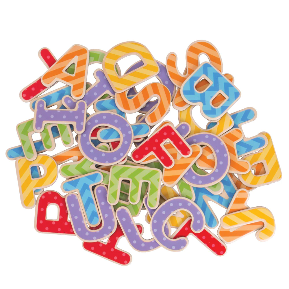 Bigjigs Magnetic Uppercase Letters, crafted from wood, have magnetic backs, ideal for use on the fridge! developing spelling skills & letter recognition