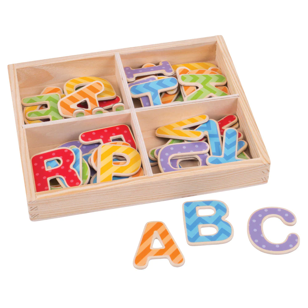 Bigjigs Magnetic Uppercase Letters, crafted from wood, have magnetic backs, ideal for use on the fridge! developing spelling skills & letter recognition