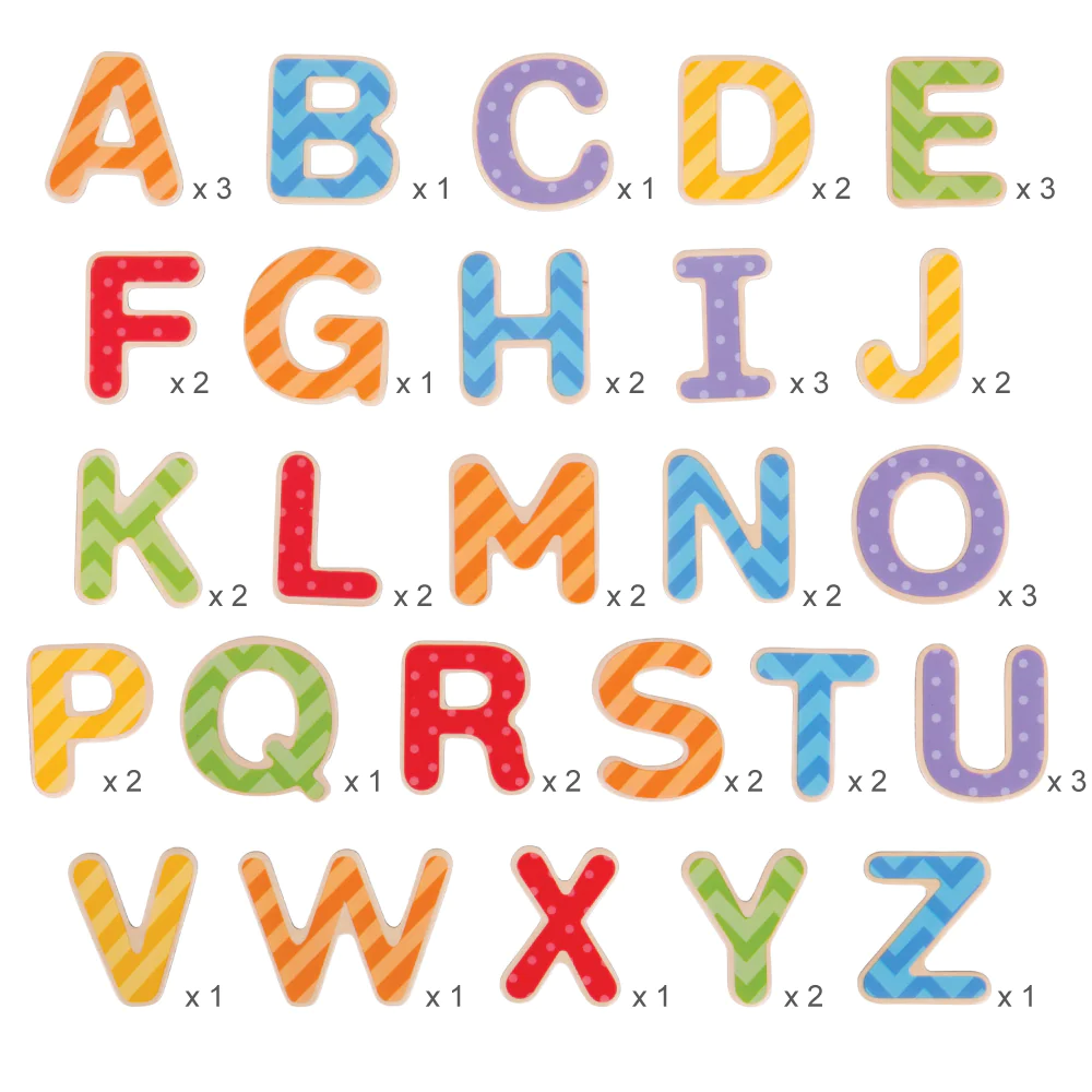 Bigjigs Magnetic Uppercase Letters, crafted from wood, have magnetic backs, ideal for use on the fridge! developing spelling skills & letter recognition