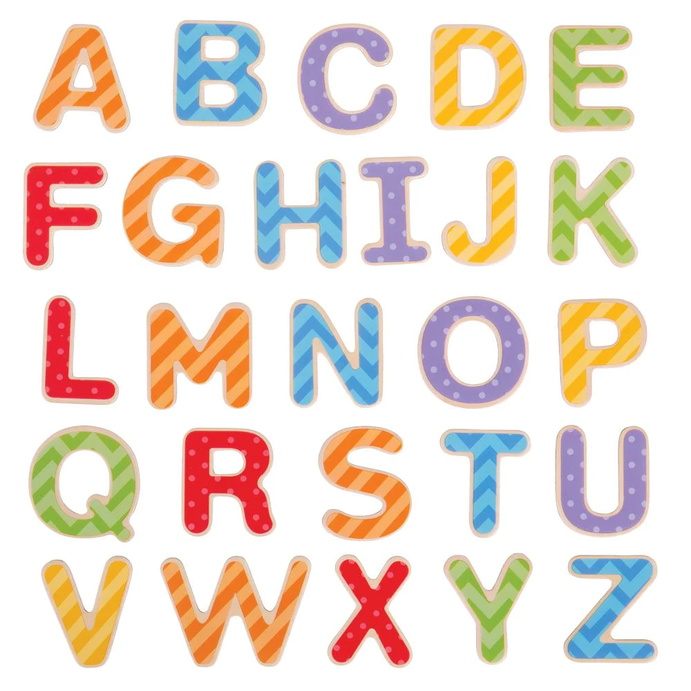 Bigjigs Magnetic Uppercase Letters, crafted from wood, have magnetic backs, ideal for use on the fridge! developing spelling skills & letter recognition