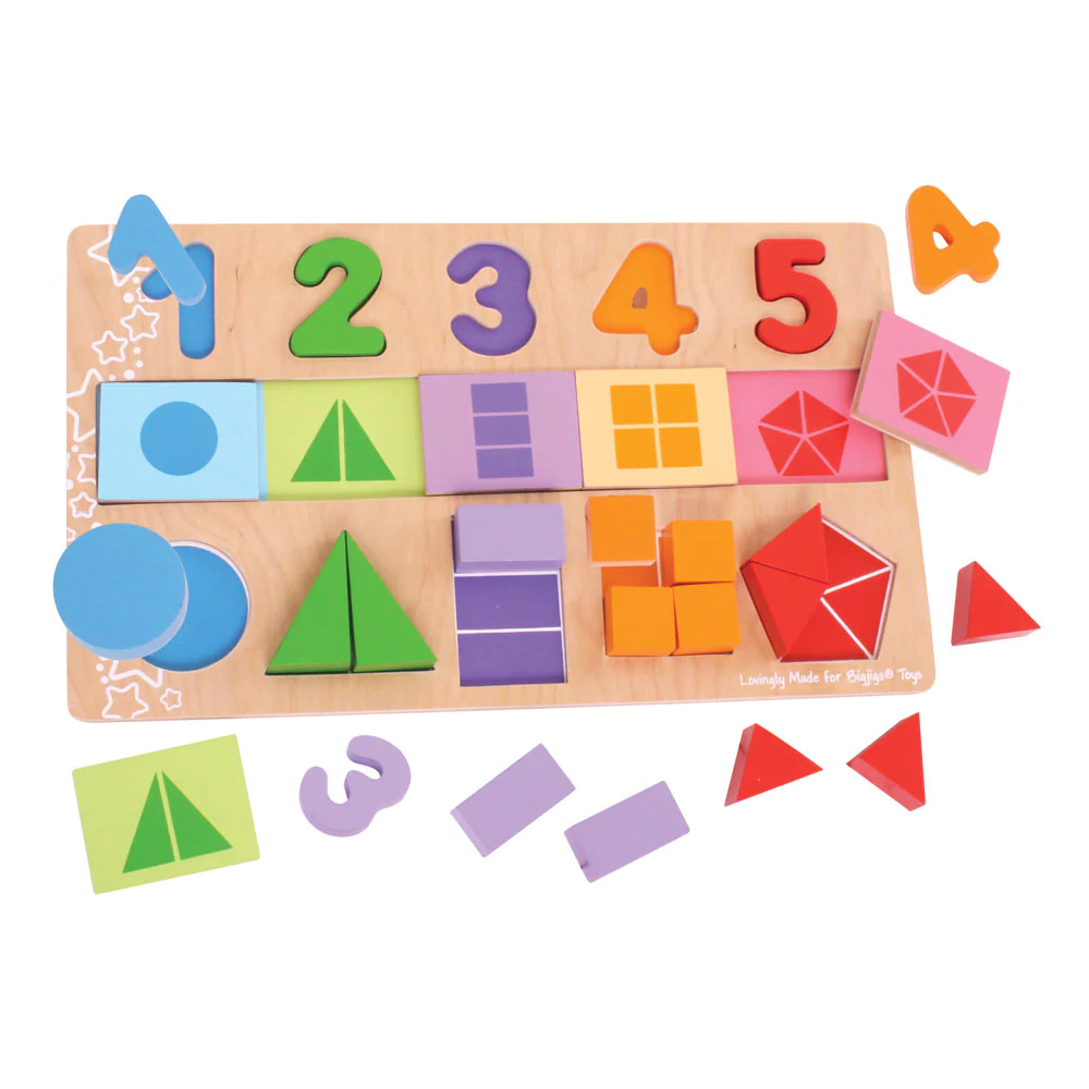 This wooden puzzle introduces counting and the concept of fractions using brightly coloured wooden puzzle pieces that include numbers and shapes.