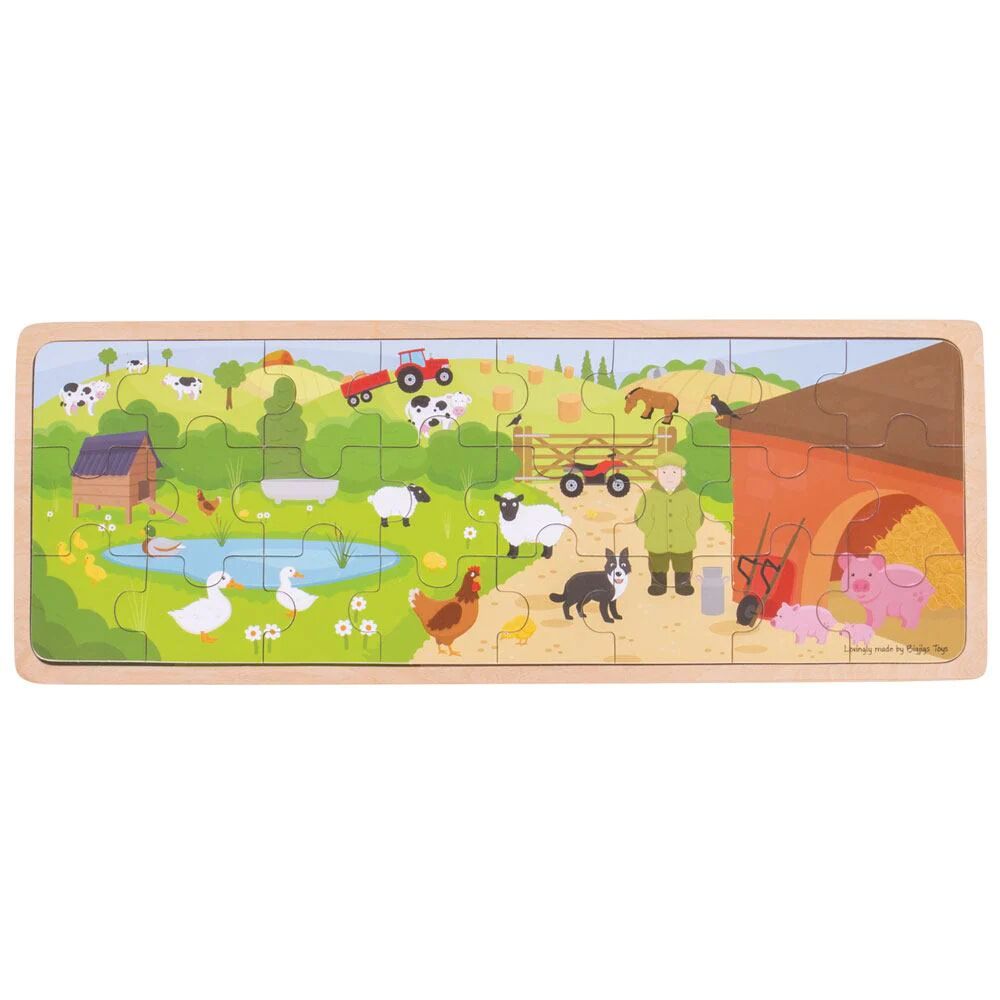 Bigjigs Farm Puzzle is a 24 piece wooden tray puzzle, that will captivate young minds as they piece together this cheery farmyard scene