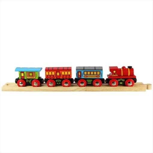 Bigjigs Passenger Train, a brightly coloured wooden Train with an Engine, two Passenger Carriages and a Guards Van.
