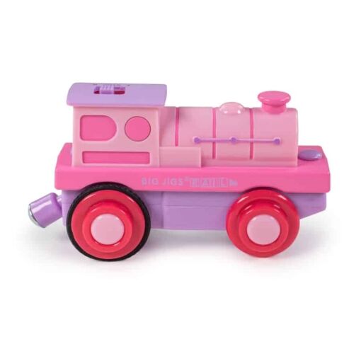 Bigjigs Powerful Pink Loco, a beautiful pretty-in-pink battery powered toy train, that will power up your wooden railway - compatible with most major wooden railway brands