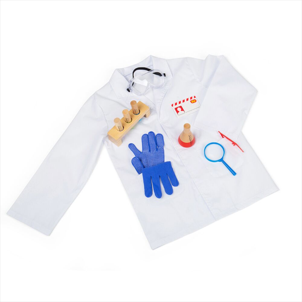 Bigjigs Scientist Dress Up Costume comes complete with a white lab coat, magnifying glass, ID badge, safety goggles, wooden test tubes in a holder and red tweezers.