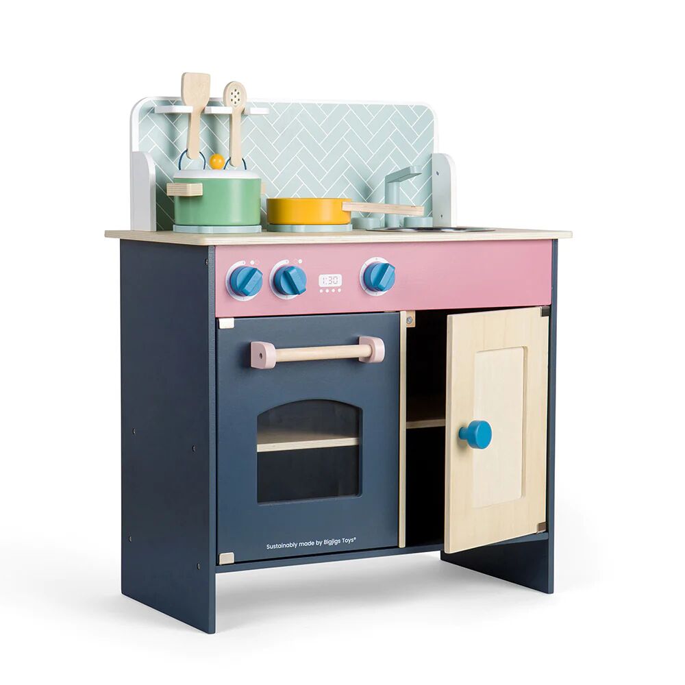 Bigjigs Simply Scandi Kitchen, a sustainably-made play set that has been crafted to look and feel just like the real thing. It features a twin hob, an oven, a sink and an under-the-counter cupboard, with a wooden pot, saucepan, serving spoon and spatula also included.