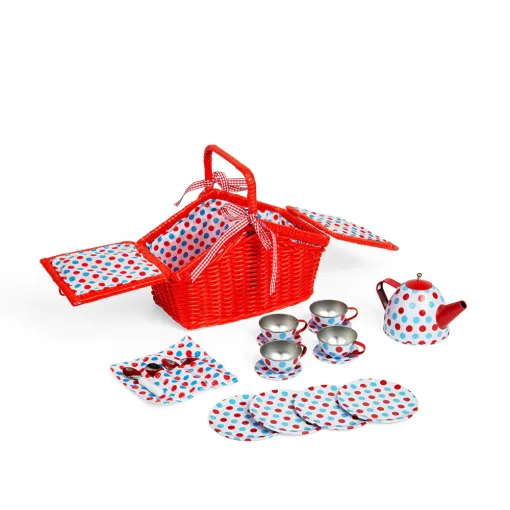 Bigjigs Spotted Basket Tea Set includes a red wicker effect basket containing four cups and saucers, a teapot with removable lid, plus four side plates and four teaspoons in their own gingham wrap.