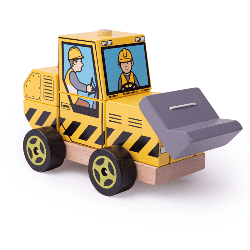 Bigjigs Stacking Bulldozer is a combination of two wooden toys in one, a stacking and a push along toy, painted with construction-style patterns and features its own bulldozer driver