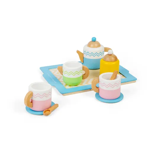 Bigjigs Toys Tea Tray Set, will help your little ones to host afternoon treat for their teddies! includes a teapot, two cups and saucers, two teaspoons, a milk jug, sugar pot and tea tray.
