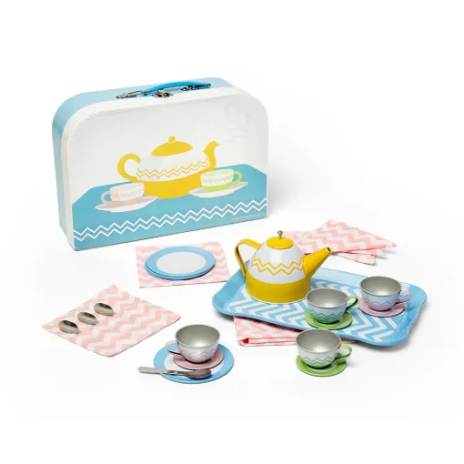 Bigjigs Toys Tin Tea Set has everything your little ones will need for a pretend play afternoon tea for four. Included are, cute tin teacups and saucers, a teapot with a removable lid, side plates, teaspoons, a tablecloth and tea tray.
