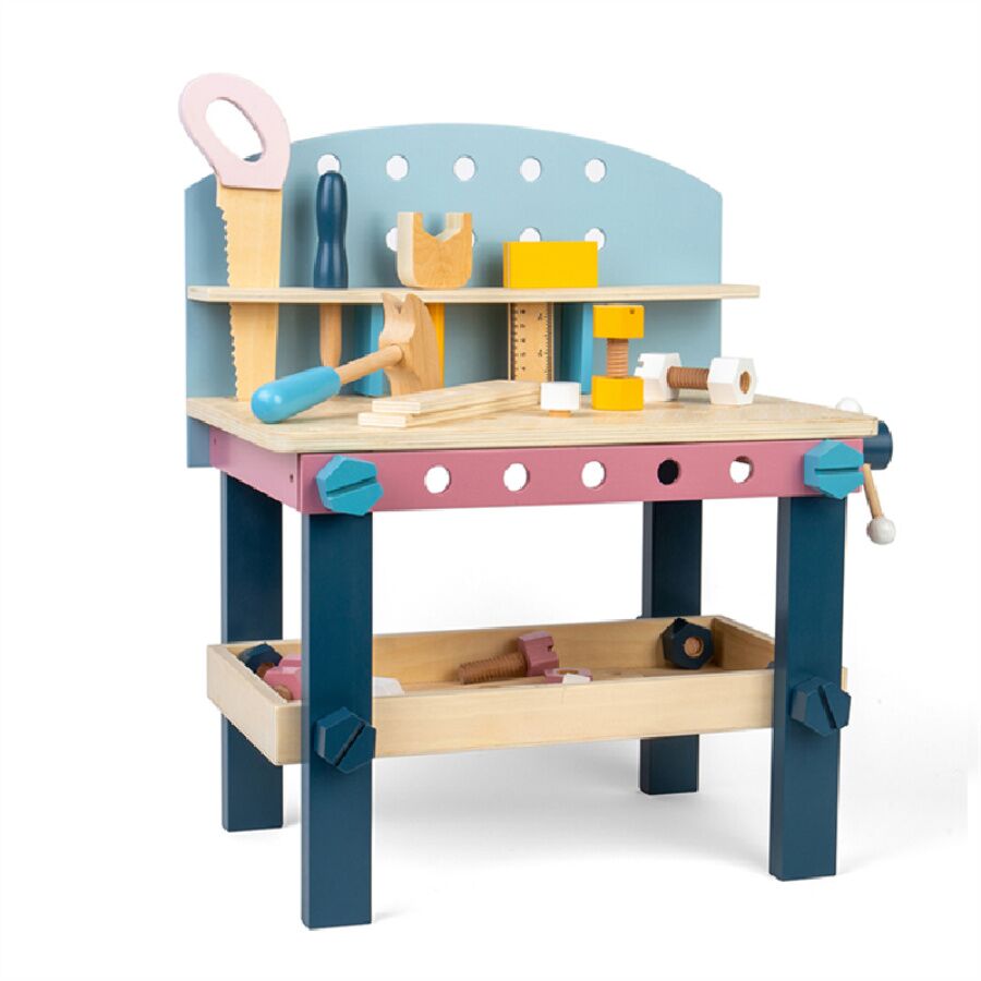 Bigjigs Tool Bench designed to inspire little imaginations, wooden toy work bench complete with a saw, spanner, hammer, file and lots of nuts and bolts.