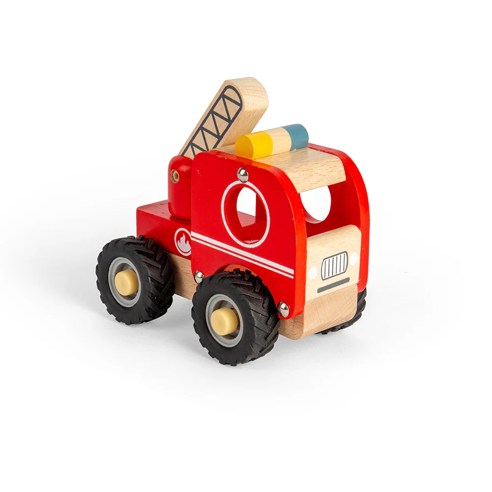 Bigjigs Toys Mini Fire Truck, a sustainably-made wooden toy Fire Truck, made with robust rubber tyres and a rotating ladder which can be lifted up and down