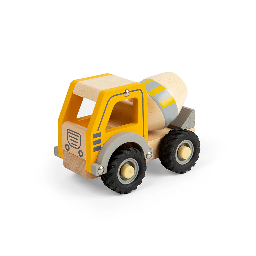 This Bigjigs Toys Mini Mixer is a realistic wooden toy truck that is great for make-believe play, featuring a rotating mixer and chunky rubber tyres with treads.