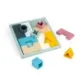 The Bigjigs Toys Mosaic Puzzle, features 8 wooden jigsaw pieces and 5 silicone shapes which children can practise slotting into the correct spaces on the board.