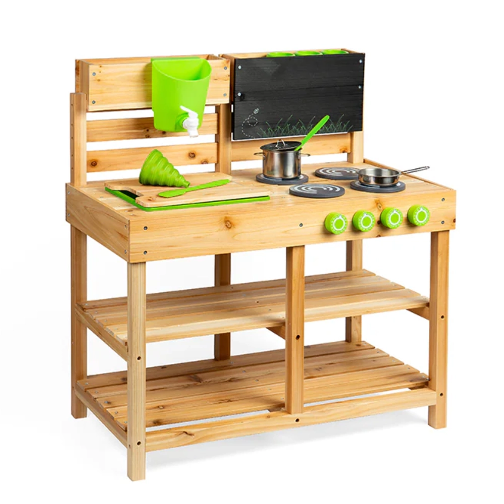 This BigJigs Toys Mud Kitchen features two shelves and a double worktop with a sink to the left and four hobs to the right.