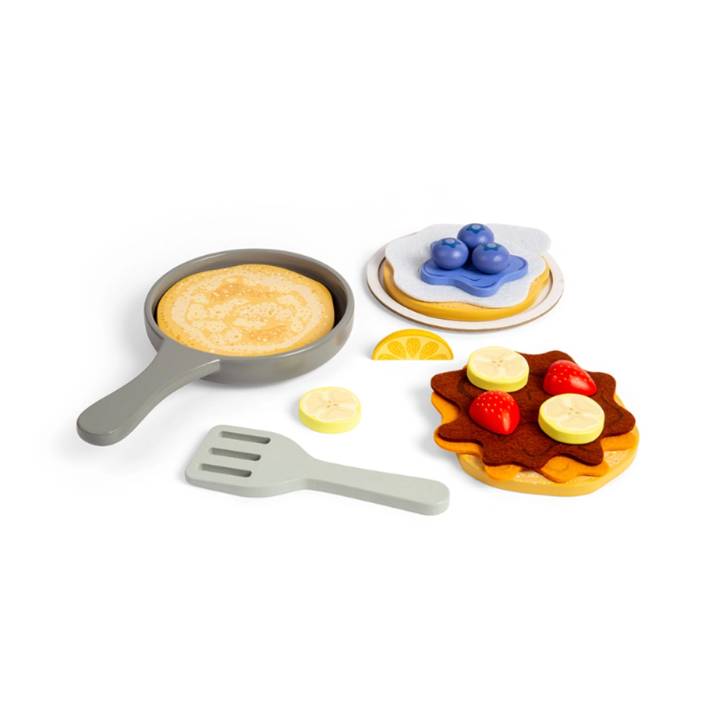 This Bigjigs Toys Pancake Set is a 16 piece wooden toy playset, including three pancakes, a selection of toppings and sauces, a frying pan, and spatula.