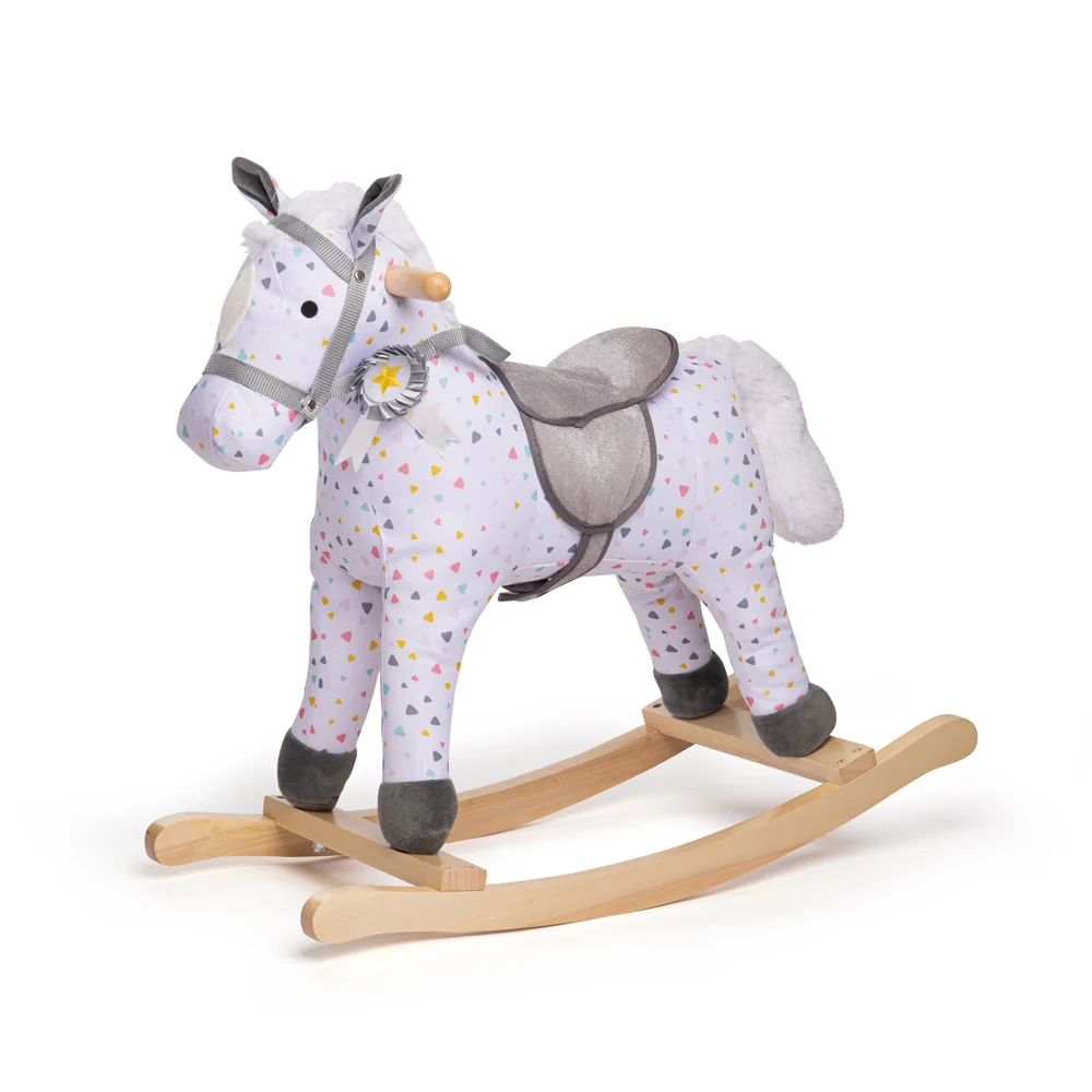 This Bigjigs Toys Patterned Rocking Horse is beautifully made with a wooden base and plush body, featuring a soft saddle and matching bridle.