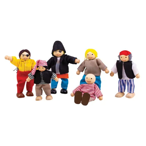 Bigjigs Toys Pirate Doll Set, comprises of five cheeky wooden pirate figures and their captain, keeping an eye on the horizon looking for play opportunities!