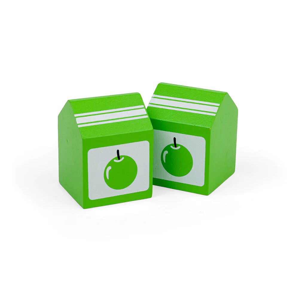 Bigjigs Wooden Apple Juice Carton's are ideal to sell in our pretend play shops and perfect in play kitchens, for mid-afternoon play tea parties or for learning about healthy eating and drinking.