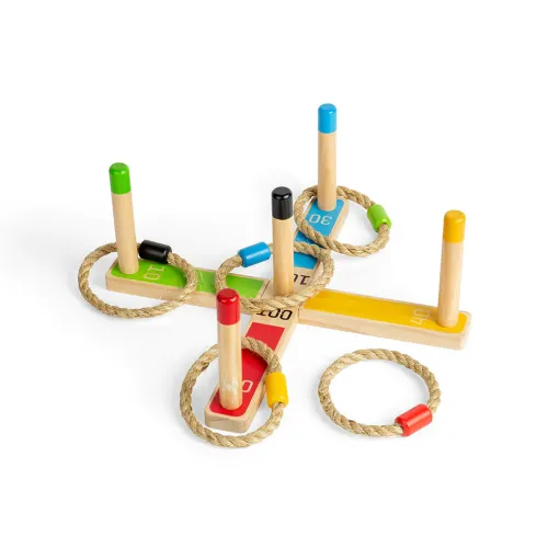 Bigjigs Wooden Quoits game is a timeless toy, that can be played with individually or with family and friends, indoors or outdoors. Each rope is colour co-ordinated with one of the poles, to add to the fun.
