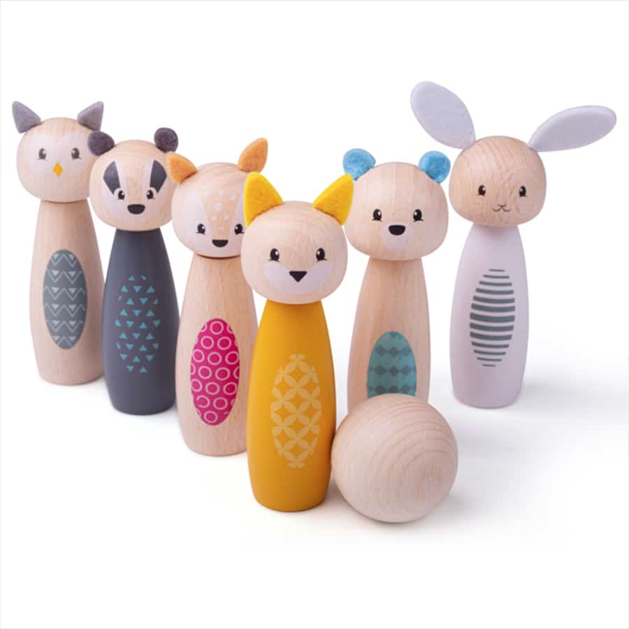 Bigjigs Woodland Animal Skittles are brightly coloured FSC Certified wooden skittles styled as cute forest animals, an owl, badger, deer, cat, bear, & rabbit