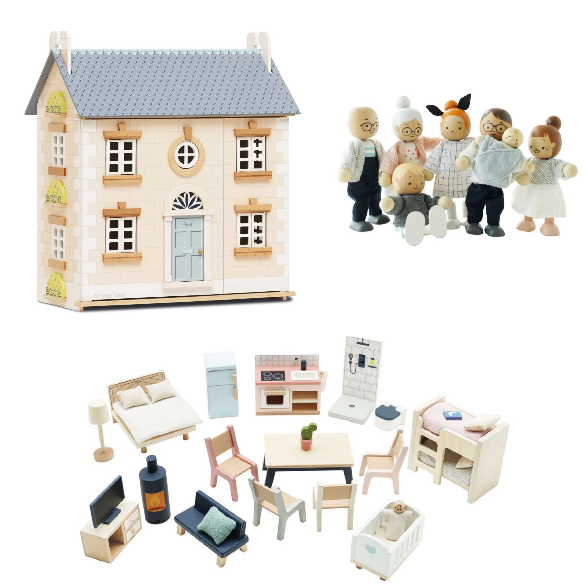 Discover the enchanting Bay Tree Dollhouse, beautifully crafted for hours of imaginative play. Complete with a doll family and furniture set, order now!
