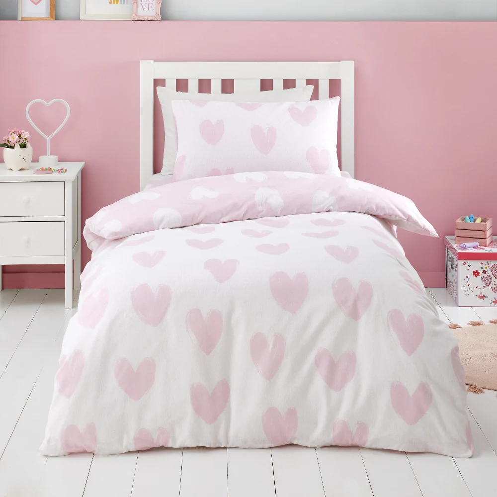 Brushed Hearts Toddler Duvet Cover Set is a 100% Cotton kids bedding set from Catherine Lansfield, features a pretty hearts design in pink and white.